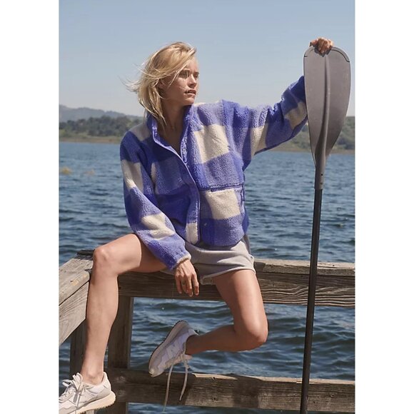 FREE PEOPLE Movement Rocky Ridge Jacket in Blue Iris Gingham Combo Size X-Large - Picture 1 of 10
